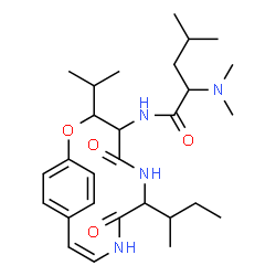 ChemSpider 2D Image | N-[(10Z)-7-sec-Butyl-3-isopropyl-5,8-dioxo-2-oxa-6,9-diazabicyclo[10.2.2]hexadeca-1(14),10,12,15-tetraen-4-yl]-N~2~,N~2~-dimethylleucinamide | C28H44N4O4