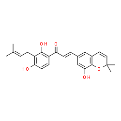 ChemSpider 2D Image | (2E)-1-[2,4-Dihydroxy-3-(3-methyl-2-buten-1-yl)phenyl]-3-(8-hydroxy-2,2-dimethyl-2H-chromen-6-yl)-2-propen-1-one | C25H26O5