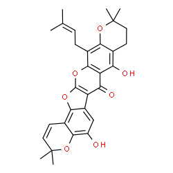 ChemSpider 2D Image | 5,8-Dihydroxy-3,3,11,11-tetramethyl-13-(3-methyl-2-buten-1-yl)-10,11-dihydro-3H,7H,9H-chromeno[6',5':4,5]furo[2,3-b]pyrano[3,2-g]chromen-7-one | C30H30O7