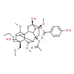 ChemSpider 2D Image | (14alpha,16beta,17xi)-8-Acetoxy-20-ethyl-3,13-dihydroxy-1,6,16-trimethoxy-4-(methoxymethyl)aconitan-14-yl 4-hydroxybenzoate | C34H47NO11