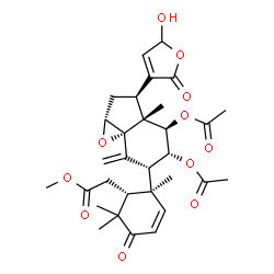 ChemSpider 2D Image | Methyl {(1R,2S)-2-[(1aR,3R,3aR,4R,5R,6R,7aS)-4,5-diacetoxy-3-(5-hydroxy-2-oxo-2,5-dihydro-3-furanyl)-3a-methyl-7-methyleneoctahydroindeno[1,7a-b]oxiren-6-yl]-2,6,6-trimethyl-5-oxo-3-cyclohexen-1-yl}ac
etate | C31H38O11