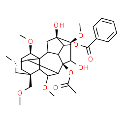 ChemSpider 2D Image | (1beta,5xi,9xi,10xi,16beta,17xi)-8-Acetoxy-13,15-dihydroxy-1,6,16-trimethoxy-4-(methoxymethyl)-20-methylaconitan-14-yl benzoate | C33H45NO10