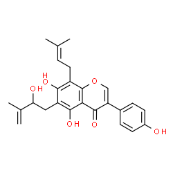 ChemSpider 2D Image | 5,7-Dihydroxy-6-(2-hydroxy-3-methyl-3-buten-1-yl)-3-(4-hydroxyphenyl)-8-(3-methyl-2-buten-1-yl)-4H-chromen-4-one | C25H26O6