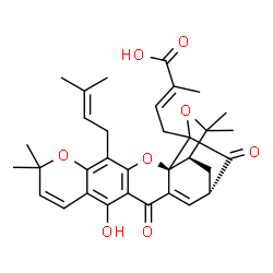ChemSpider 2D Image | (2E)-4-[(1R,2S,17S)-12-Hydroxy-8,8,21,21-tetramethyl-5-(3-methyl-2-buten-1-yl)-14,18-dioxo-3,7,20-trioxahexacyclo[15.4.1.0~2,15~.0~2,19~.0~4,13~.0~6,11~]docosa-4(13),5,9,11,15-pentaen-19-yl]-2-methyl-
2-butenoic acid | C33H36O8