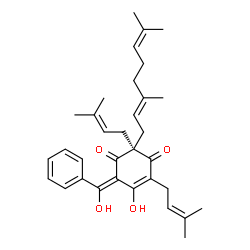 ChemSpider 2D Image | (2S,6E)-2-[(2E)-3,7-Dimethyl-2,6-octadien-1-yl]-5-hydroxy-6-[hydroxy(phenyl)methylene]-2,4-bis(3-methyl-2-buten-1-yl)-4-cyclohexene-1,3-dione | C33H42O4