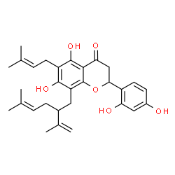 ChemSpider 2D Image | 2-(2,4-Dihydroxyphenyl)-5,7-dihydroxy-8-(2-isopropenyl-5-methyl-4-hexen-1-yl)-6-(3-methyl-2-buten-1-yl)-2,3-dihydro-4H-chromen-4-one | C30H36O6