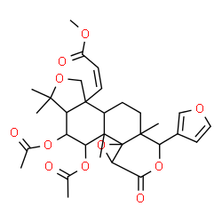 ChemSpider 2D Image | Methyl (2Z)-3-[4,5-diacetoxy-9-(3-furyl)-3,3,5a,9a-tetramethyl-7-oxododecahydro[2]benzofuro[5,4-f]oxireno[d]isochromen-11b(1H)-yl]acrylate | C31H38O11