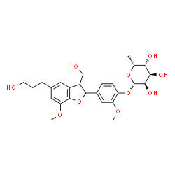 ChemSpider 2D Image | 4-[3-(Hydroxymethyl)-5-(3-hydroxypropyl)-7-methoxy-2,3-dihydro-1-benzofuran-2-yl]-2-methoxyphenyl 6-deoxy-beta-D-gulopyranoside | C26H34O10