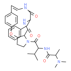 ChemSpider 2D Image | 10-Benzyl-6-(N,N-dimethylalanylvalyl)-8,11-dioxo-2-oxa-6,9,12-triazatricyclo[13.2.2.0~3,7~]nonadeca-1(17),13,15,18-tetraene | C32H41N5O5