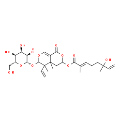 ChemSpider 2D Image | 6-(beta-D-Allopyranosyloxy)-4a,5-dimethyl-1-oxo-5-vinyl-4,4a,5,6-tetrahydro-1H,3H-pyrano[3,4-c]pyran-3-yl (2E)-6-hydroxy-2,6-dimethyl-2,7-octadienoate | C28H40O12