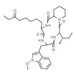 ChemSpider 2D Image | (9S)-9-[(2S)-2-Butanyl]-6-[(1-methoxy-1H-indol-3-yl)methyl]-3-(6-oxooctyl)octahydro-2H-pyrido[1,2-a][1,4,7,10]tetraazacyclododecine-1,4,7,10(3H,12H)-tetrone | C34H49N5O6