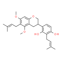 ChemSpider 2D Image | 4-[5,7-Dimethoxy-6-(3-methyl-2-buten-1-yl)-3,4-dihydro-2H-chromen-3-yl]-2-(3-methyl-2-buten-1-yl)-1,3-benzenediol | C27H34O5