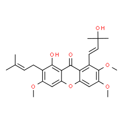 ChemSpider 2D Image | 1-Hydroxy-8-[(1E)-3-hydroxy-3-methyl-1-buten-1-yl]-3,6,7-trimethoxy-2-(3-methyl-2-buten-1-yl)-9H-xanthen-9-one | C26H30O7