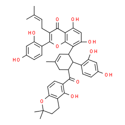 ChemSpider 2D Image | 2-(2,4-Dihydroxyphenyl)-8-{6-(2,4-dihydroxyphenyl)-5-[(5-hydroxy-2,2-dimethyl-3,4-dihydro-2H-chromen-6-yl)carbonyl]-3-methyl-2-cyclohexen-1-yl}-5,7-dihydroxy-3-(3-methyl-2-buten-1-yl)-4H-chromen-4-one | C45H44O11