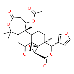 ChemSpider 2D Image | (5aR,7aS,8S,10aS,11aR,11bR)-8-(3-Furyl)-1,1,5a,7a,11b-pentamethyl-3,10,12-trioxohexadecahydrooxireno[4,4a]isochromeno[6,5-g][2]benzoxepin-5-yl acetate | C28H34O9