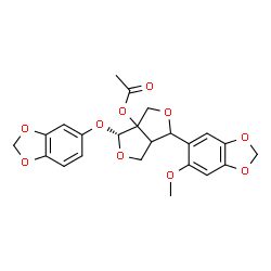 ChemSpider 2D Image | (4R)-4-(1,3-Benzodioxol-5-yloxy)-1-(6-methoxy-1,3-benzodioxol-5-yl)dihydro-1H,3H-furo[3,4-c]furan-3a(4H)-yl acetate | C23H22O10