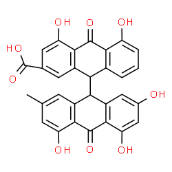 ChemSpider 2D Image | 2',4,4',5,5'-Pentahydroxy-7'-methyl-10,10'-dioxo-9,9',10,10'-tetrahydro-9,9'-bianthracene-2-carboxylic acid | C30H20O9