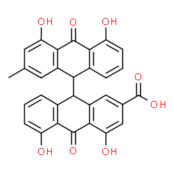 ChemSpider 2D Image | 4,4',5,5'-Tetrahydroxy-2'-methyl-10,10'-dioxo-9,9',10,10'-tetrahydro-9,9'-bianthracene-2-carboxylic acid | C30H20O8