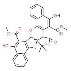 ChemSpider 2D Image | Dimethyl (6bS)-5,12-dihydroxy-16,16-dimethyl-14-oxo-13b,14-dihydro-6bH-benzo[h]furo[3,4-c]naphtho[2',1':4,5]furo[3,2-b]chromene-6,13-dicarboxylate | C31H24O10