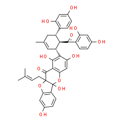 ChemSpider 2D Image | 2-[(1R,5S,6R)-6-(2,4-Dihydroxybenzoyl)-5-(2,4-dihydroxyphenyl)-3-methyl-2-cyclohexen-1-yl]-1,3,5a,8-tetrahydroxy-10a-(3-methyl-2-buten-1-yl)-5a,10a-dihydro-11H-[1]benzofuro[3,2-b]chromen-11-one | C40H36O12
