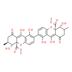 ChemSpider 2D Image | Dimethyl (5R,6'S,10aR)-1,1',5,5',9,9'-hexahydroxy-6,6'-dimethyl-8,8'-dioxo-5,5',6,6',7,7',8,8'-octahydro-10aH,10a'H-2,2'-bixanthene-10a,10a'-dicarboxylate | C32H30O14