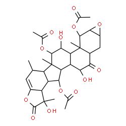 ChemSpider 2D Image | 5,7,12-Trihydroxy-1,5,11a,13a-tetramethyl-4,8-dioxo-4,5,5a,5b,6,6a,6b,7,8,8a,9,9a,10a,11,11a,11b,12,13,13a,13b-icosahydro-1H-oxireno[6',7']naphtho[1',2':7,8]fluoreno[2,1-b]furan-6,11,13-triyl triaceta
te | C33H42O13