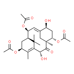 ChemSpider 2D Image | (1R,2S,3E,5S,7S,8S,10R,13S)-5,10-Dihydroxy-8,12,15,15-tetramethyl-9-oxotricyclo[9.3.1.1~4,8~]hexadeca-3,11-diene-2,7,13-triyl triacetate | C26H36O9
