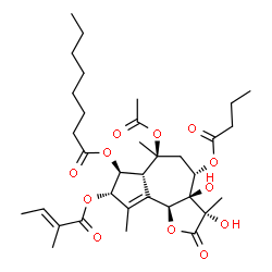 ChemSpider 2D Image | (3S,3aR,4S,6S,6aR,7S,8S,9bS)-6-Acetoxy-4-(butyryloxy)-3,3a-dihydroxy-3,6,9-trimethyl-8-{[(2E)-2-methyl-2-butenoyl]oxy}-2-oxo-2,3,3a,4,5,6,6a,7,8,9b-decahydroazuleno[4,5-b]furan-7-yl octanoate | C34H50O12