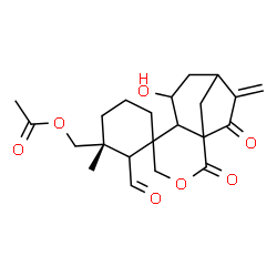 ChemSpider 2D Image | [(3R)-2-Formyl-7'-hydroxy-3-methyl-10'-methylene-2',11'-dioxo-3'-oxaspiro[cyclohexane-1,5'-tricyclo[7.2.1.0~1,6~]dodecan]-3-yl]methyl acetate | C22H28O7