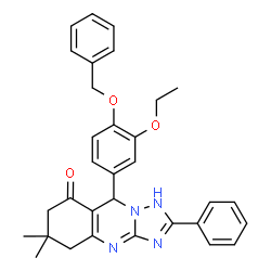 ChemSpider 2D Image | 9-[4-(Benzyloxy)-3-ethoxyphenyl]-6,6-dimethyl-2-phenyl-5,6,7,9-tetrahydro[1,2,4]triazolo[5,1-b]quinazolin-8(1H)-one | C32H32N4O3