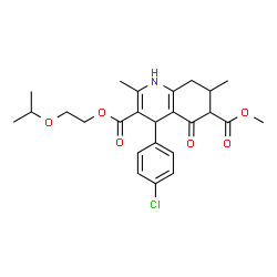 ChemSpider 2D Image | 3-(2-Isopropoxyethyl) 6-methyl 4-(4-chlorophenyl)-2,7-dimethyl-5-oxo-1,4,5,6,7,8-hexahydro-3,6-quinolinedicarboxylate | C25H30ClNO6