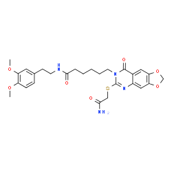 ChemSpider 2D Image | 6-{6-[(2-Amino-2-oxoethyl)sulfanyl]-8-oxo[1,3]dioxolo[4,5-g]quinazolin-7(8H)-yl}-N-[2-(3,4-dimethoxyphenyl)ethyl]hexanamide | C27H32N4O7S
