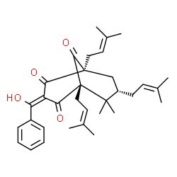 ChemSpider 2D Image | (1R,3E,5S,7S)-3-[Hydroxy(phenyl)methylene]-6,6-dimethyl-1,5,7-tris(3-methyl-2-buten-1-yl)bicyclo[3.3.1]nonane-2,4,9-trione | C33H42O4