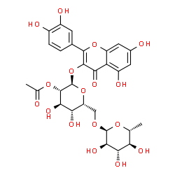 ChemSpider 2D Image | 2-(3,4-Dihydroxyphenyl)-5,7-dihydroxy-4-oxo-4H-chromen-3-yl 2-O-acetyl-6-O-(6-deoxy-alpha-D-glucopyranosyl)-alpha-D-idopyranoside | C29H32O17