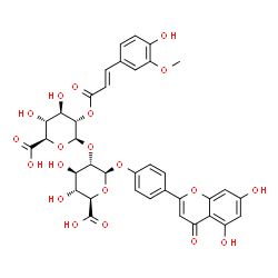ChemSpider 2D Image | 4-(5,7-Dihydroxy-4-oxo-4H-chromen-2-yl)phenyl 2-O-{2-O-[(2E)-3-(4-hydroxy-3-methoxyphenyl)-2-propenoyl]-beta-L-glucopyranuronosyl}-beta-L-glucopyranosiduronic acid | C37H34O20