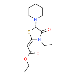 ChemSpider 2D Image | Ethyl (2E)-[(5S)-3-ethyl-4-oxo-5-(1-piperidinyl)-1,3-thiazolidin-2-ylidene]acetate | C14H22N2O3S