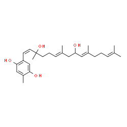 ChemSpider 2D Image | 2-[(1Z,6E,10E)-3,9-Dihydroxy-3,7,11,15-tetramethyl-1,6,10,14-hexadecatetraen-1-yl]-5-methyl-1,4-benzenediol | C27H40O4