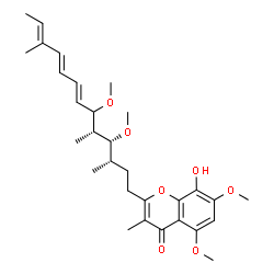 ChemSpider 2D Image | 2-[(3S,4R,5S,7E,9E,11E)-4,6-Dimethoxy-3,5,11-trimethyl-7,9,11-tridecatrien-1-yl]-8-hydroxy-5,7-dimethoxy-3-methyl-4H-chromen-4-one | C30H42O7