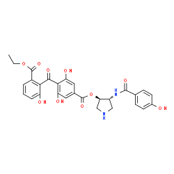 ChemSpider 2D Image | (3R,4R)-4-[(4-Hydroxybenzoyl)amino]-3-pyrrolidinyl 4-[2-(ethoxycarbonyl)-6-hydroxybenzoyl]-3,5-dihydroxybenzoate | C28H26N2O10