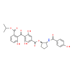 ChemSpider 2D Image | (1R,2R)-2-[(4-Hydroxybenzoyl)amino]cyclopentyl 3,5-dihydroxy-4-[2-hydroxy-6-(isopropoxycarbonyl)benzoyl]benzoate | C30H29NO10
