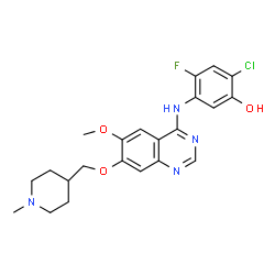ChemSpider 2D Image | 2-Chloro-4-fluoro-5-({6-methoxy-7-[(1-methyl-4-piperidinyl)methoxy]-4-quinazolinyl}amino)phenol | C22H24ClFN4O3