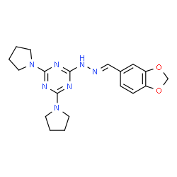ChemSpider 2D Image | 2-[(2E)-2-(1,3-Benzodioxol-5-ylmethylene)hydrazino]-4,6-di(1-pyrrolidinyl)-1,3,5-triazine | C19H23N7O2