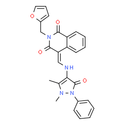 ChemSpider 2D Image | 4-[(1,5-Dimethyl-3-oxo-2-phenyl-2,3-dihydro-1H-pyrazol-4-ylamino)-methylene]-2-furan-2-ylmethyl-4H-isoquinoline-1,3-dione | C26H22N4O4