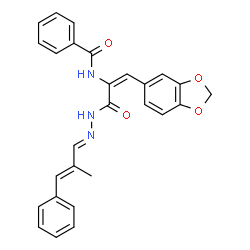 ChemSpider 2D Image | N-[(1E)-1-(1,3-Benzodioxol-5-yl)-3-{(2E)-2-[(2E)-2-methyl-3-phenyl-2-propen-1-ylidene]hydrazino}-3-oxo-1-propen-2-yl]benzamide | C27H23N3O4