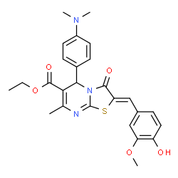 ChemSpider 2D Image | Ethyl (2Z)-5-[4-(dimethylamino)phenyl]-2-(4-hydroxy-3-methoxybenzylidene)-7-methyl-3-oxo-2,3-dihydro-5H-[1,3]thiazolo[3,2-a]pyrimidine-6-carboxylate | C26H27N3O5S