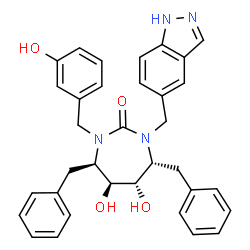 ChemSpider 2D Image | (4R,5S,6S,7R)-4,7-Dibenzyl-5,6-dihydroxy-1-(3-hydroxybenzyl)-3-(1H-indazol-5-ylmethyl)-1,3-diazepan-2-one | C34H34N4O4