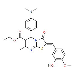 ChemSpider 2D Image | Ethyl (2Z)-5-[4-(dimethylamino)phenyl]-2-(3-hydroxy-4-methoxybenzylidene)-7-methyl-3-oxo-2,3-dihydro-5H-[1,3]thiazolo[3,2-a]pyrimidine-6-carboxylate | C26H27N3O5S