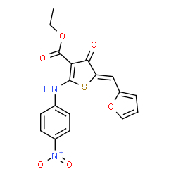 ChemSpider 2D Image | Ethyl (5Z)-5-(2-furylmethylene)-2-[(4-nitrophenyl)amino]-4-oxo-4,5-dihydro-3-thiophenecarboxylate | C18H14N2O6S