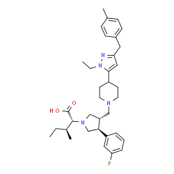 ChemSpider 2D Image | (2R,3S)-2-[(3S,4S)-3-({4-[1-Ethyl-3-(4-methylbenzyl)-1H-pyrazol-5-yl]-1-piperidinyl}methyl)-4-(3-fluorophenyl)-1-pyrrolidinyl]-3-methylpentanoic acid | C35H47FN4O2