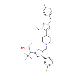 ChemSpider 2D Image | (2R)-2-[(3S,4S)-3-({4-[1-Ethyl-3-(4-methylbenzyl)-1H-pyrazol-5-yl]-1-piperidinyl}methyl)-4-(3-fluorophenyl)-1-pyrrolidinyl]-3,3-dimethylbutanoic acid | C35H47FN4O2